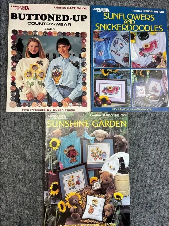 Leisure Arts Cross Stitch Pattern Booklets Sunflowers Buttoned Up Country Wear