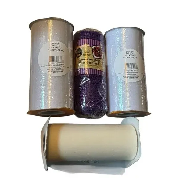 Lot 3 Decorative Mesh‎ & Tulle Rolls White Glitter Purple Craft Ribbon Holiday