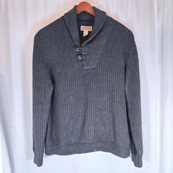 Duluth Trading Co. Mens 2XL Gray Ribbed‎ Knit Shawl Collar Button Sweater