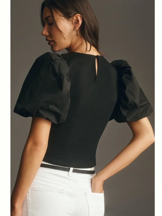 English Factory Mixed Media Smocked Puff Sleeve Top