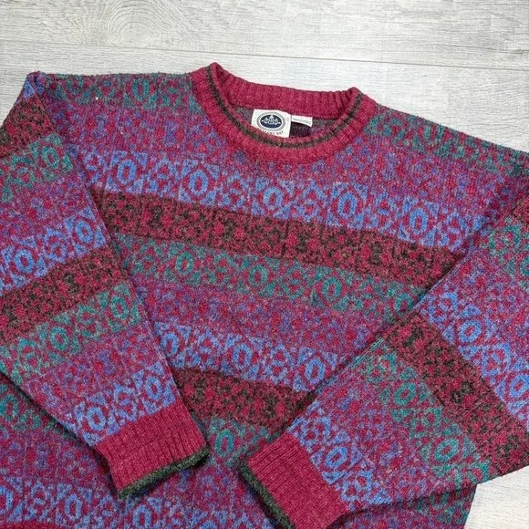 Vintage 90s autumn striped‎ cool design, pullover sweater size large