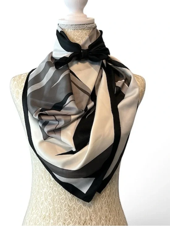 Silk-Look Black and Cream Printed Square Scarf - 36”