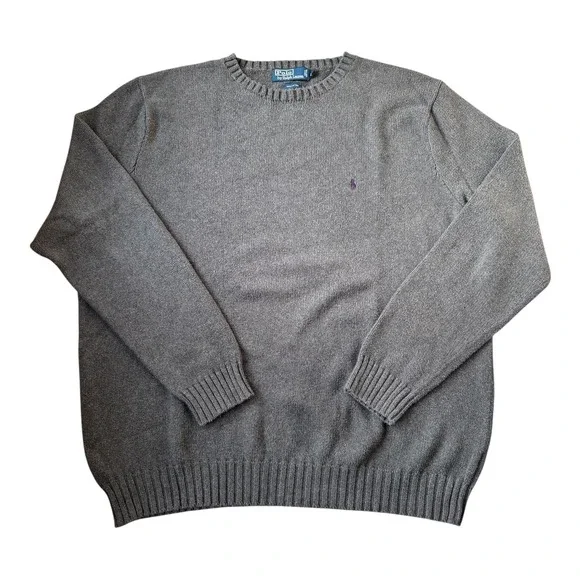 Vintage 90s Polo Ralph Lauren 2LT Gray Cotton Sweater Purple Pony Hong Kong Made