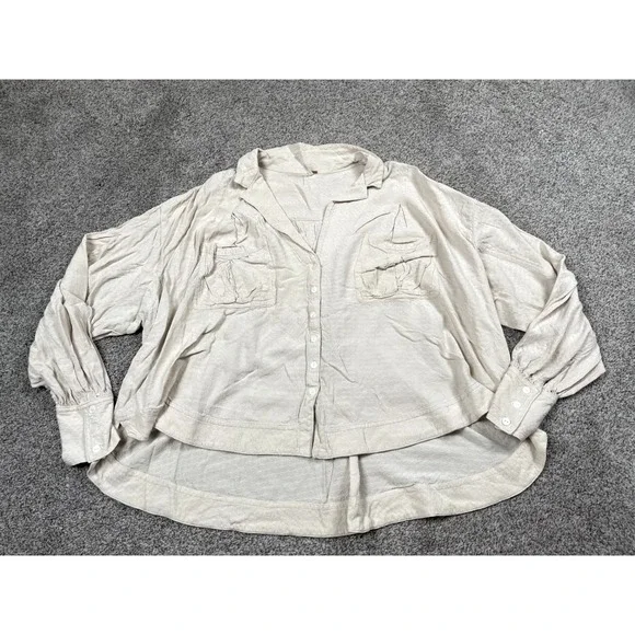 Free People Shirt Womens XS Button Down Beige Boho Tunic High Low Flowy Flutter