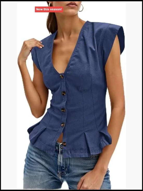 Cotton V-Neck Vest Top Cropped Ruffle Button Up Slim Fit Blouse