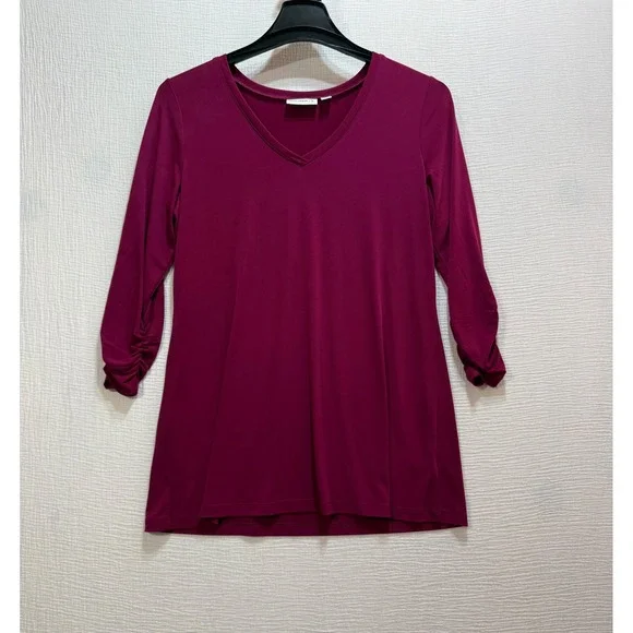 Susan‎ Graver Tunic Top Womens Small Berry Ruched 3/4 Sleeve V-Neck Liquid Knit