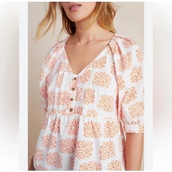 Anthropologie Moglea Orange White Abstract Print‎ Puff Sleeve Babydoll Top XS