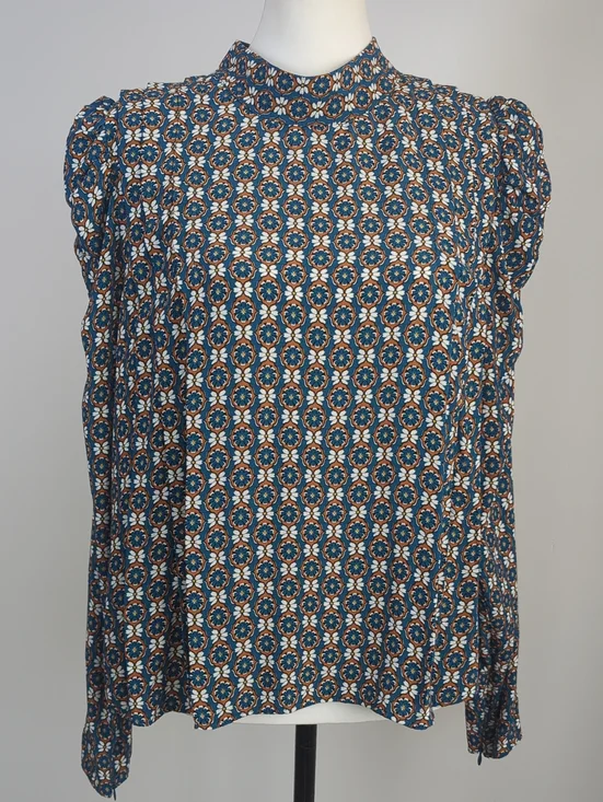 NWT Zara Boho Floral Medallion High Neck Long Puff Sleeve Blouse Teal LARGE