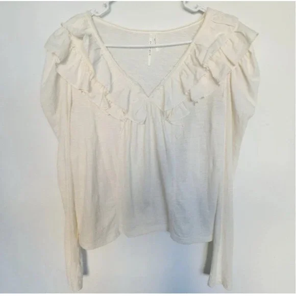 Anthropologie Double Ruffled Poet‎ Puff Sleeves Victorian Short Top Cream XS/2