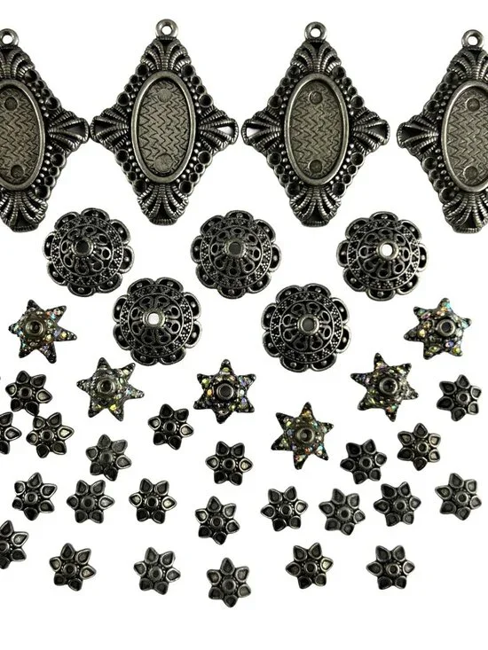 Jewelry Findings Variety Lot Vintage Antique Silver Tone - Bezels & Bead Caps