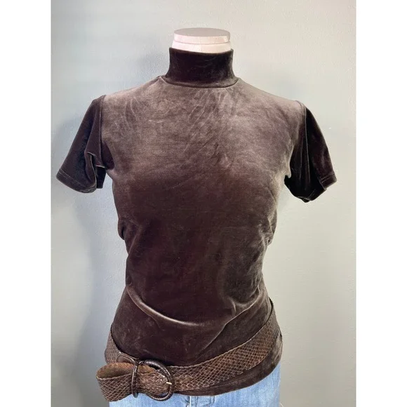 Sostanza Top Brown Velvet Mock Neck Short Sleeve Vintage 90s Stretch Medium
