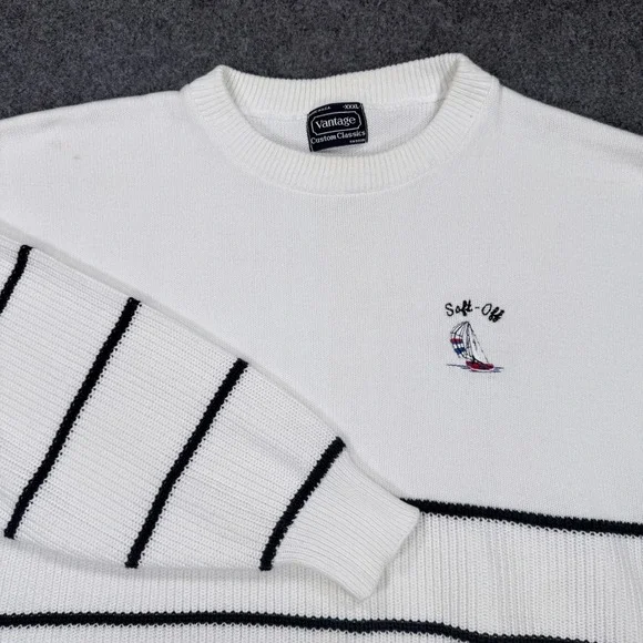 Vantage Custom Classics Mens XXXL White Navy Striped Sailboat Sweater USA Made