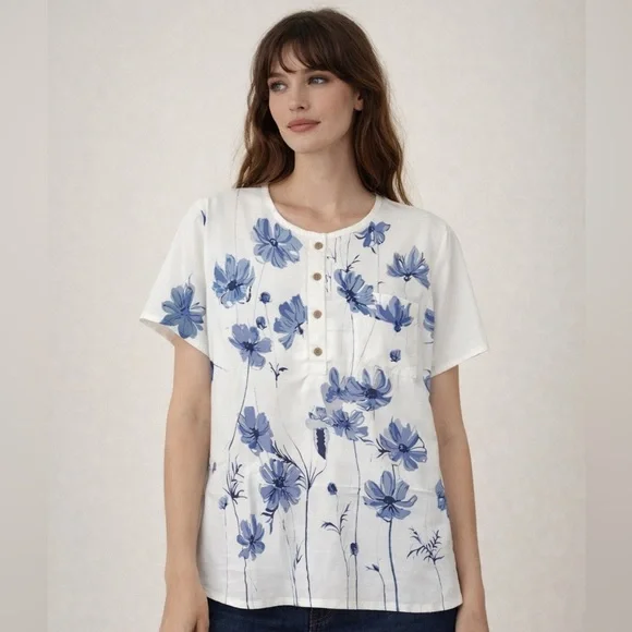 Romantic Vintage Floral Blouse Short Sleeve Cottagecore Blue White Size X Large