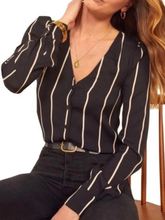 Reformation Annaliese Top NWT Size Large Black White Vertical Striped Blouse
