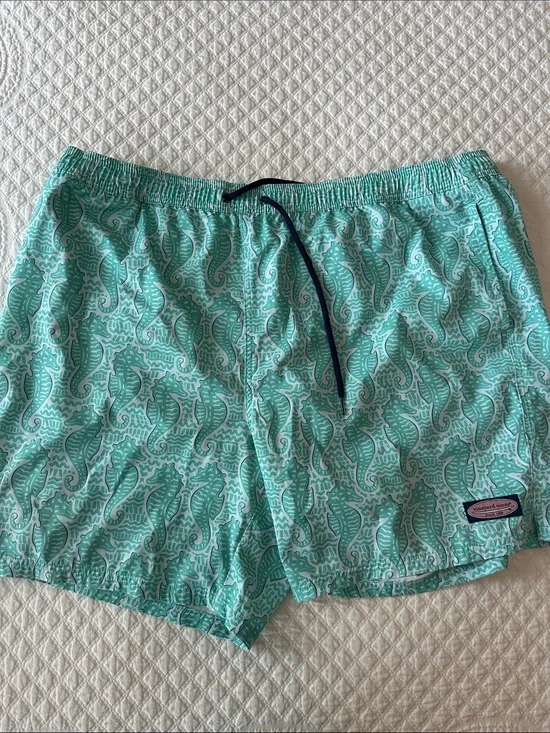 Vineyard Vines Aqua Seahorse-Print Swim Trunks with Navy Drawstring