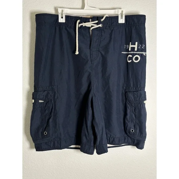 Hollister Mens Cargo Board Shorts Navy Blue Mesh Lined Swim Trunks Size L 1922‎