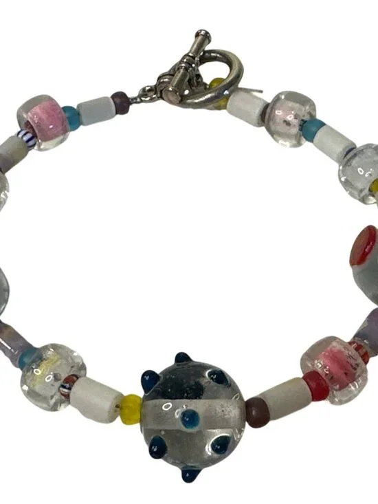 Beaded Bracelet Colorful Glass Toggle Clasp Handmade Artsy Colorful Chunky 7.5