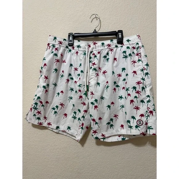 Serge Blanco Mens 2XL White Swim Trunks Palm Tree Print Drawstring Shorts‎