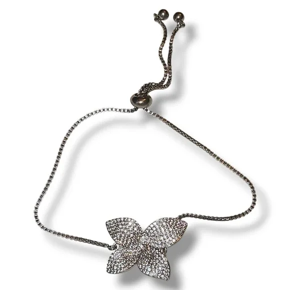 18K White Gold Plated Flower‎ Charm Bolo Bracelet made w Swarovski Crystal Stone