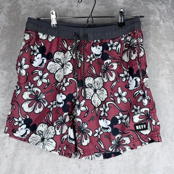 Neff Disney Mickey Mouse Swim Trunks‎ Mens Small Maroon Floral Hibiscus Shorts