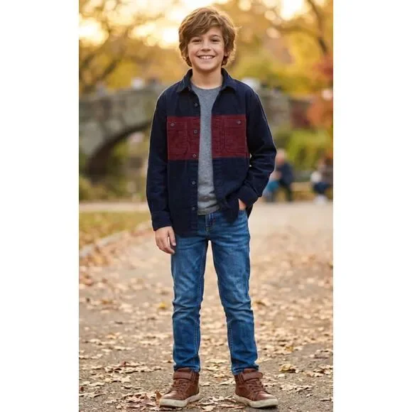 Old Navy 2024 Long-Sleeve Color Block Corduroy Shirt Boys Size 10-12 Large