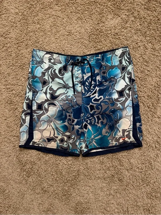 Vintage Y2K Nike Shorts Mens M Blue Hawaiian Floral Board Beach Surf Swim RARE