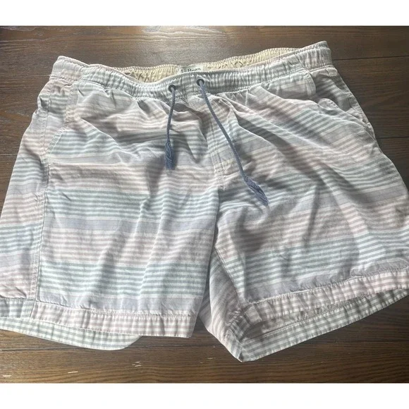 LL Bean Swim Trunks Mens 2XL Red White Blue Striped Pocket Stretchy
