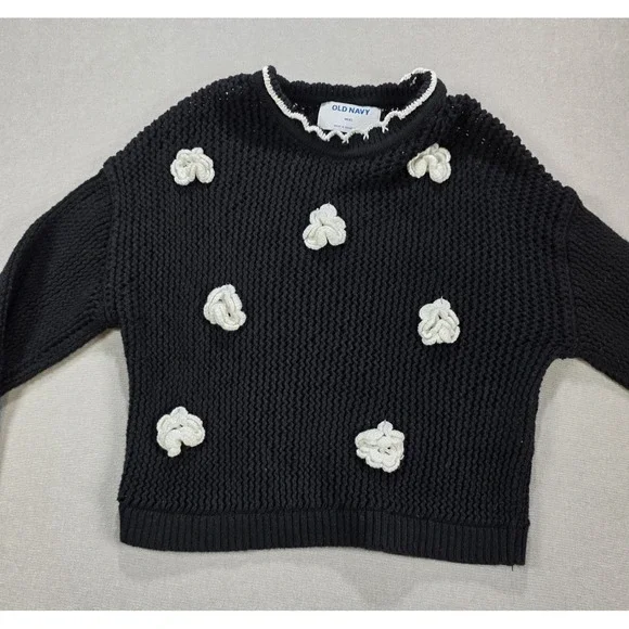 Old Navy Girls Black Sweater Medium 8 Loose Weave 3D‎ Pom Poms