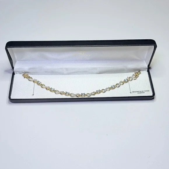 18KT Gold Over Silver Blue Topaz Diamond Infinity Link‎ Bracelet 925 China