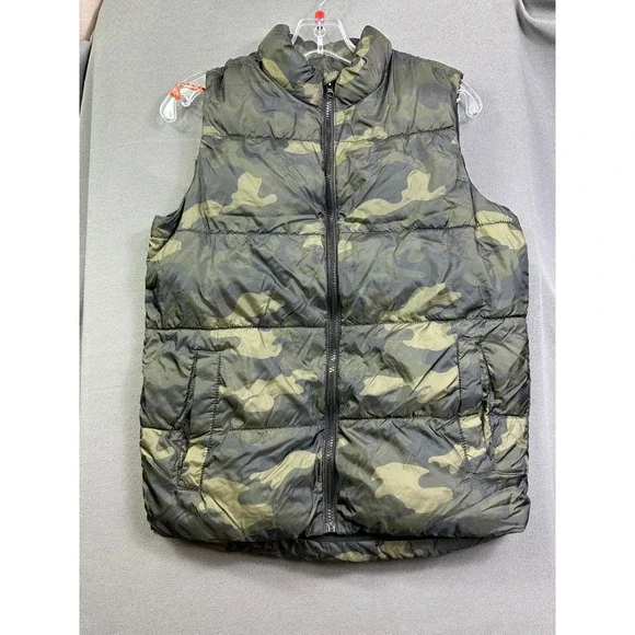 Old Navy Boys Camo Puffer Vest Green Camouflage Fleece Lined XL 14-16
