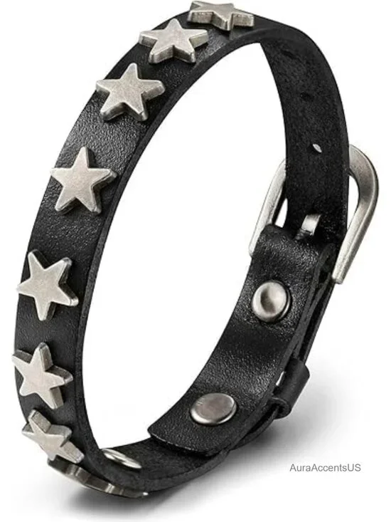 Gothic Pentagram Studded Leather Cuff Bracelet Punk Star
