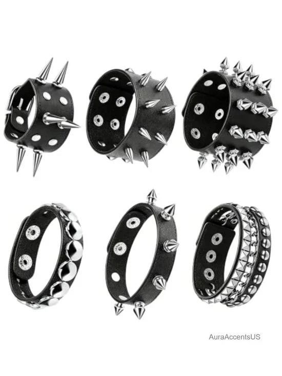 Punk Studded Leather Cuff Bracelets - Adjustable Gothic Spike Wristband Set