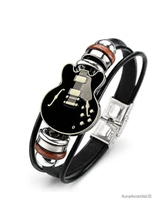 Multilayer Leather Bracelet with Guitar Charm for Men Women Unisex Music Rock