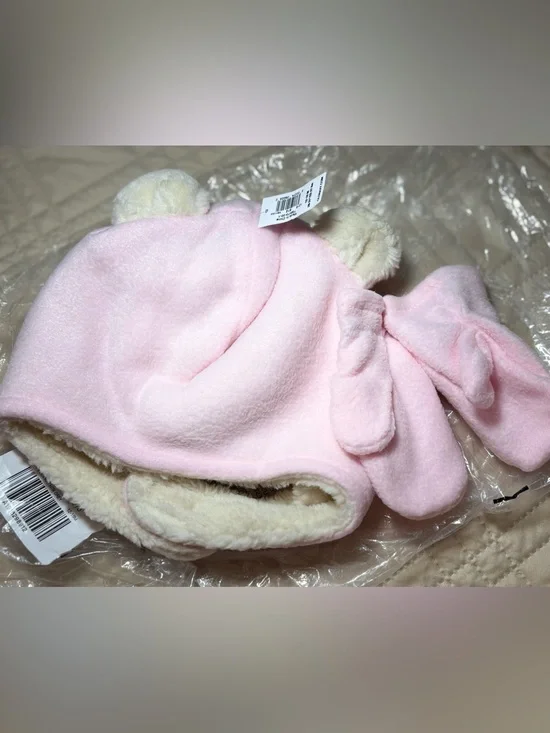 Old Navy 12-18M Soft Fleece Pink Bear Hat with Matching Mittens
