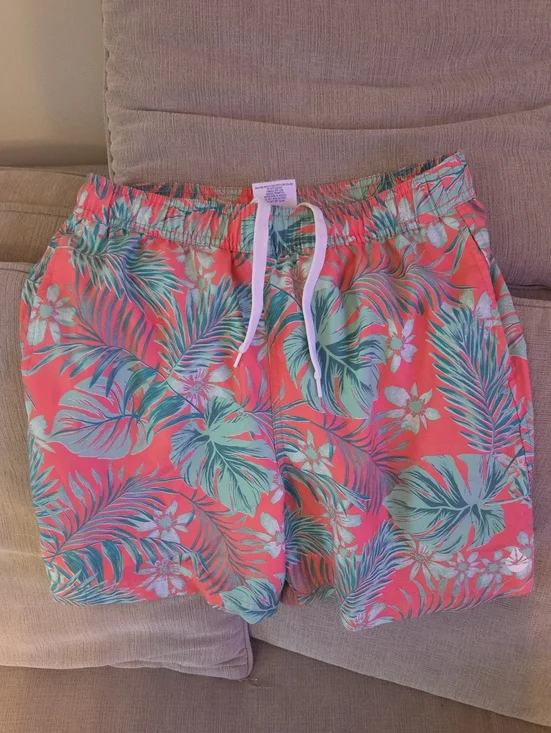 Coral Tropical Print Drawstring Mens Swim Trunks