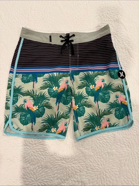 Hurley men’s Tropical Parrot Print Swim Trunks in Mint and Pink Sz 28