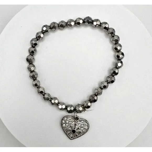 Vintage 90s Silver Tone Beaded Heart Charm Bracelet Fashion Jewelry Rhinestones