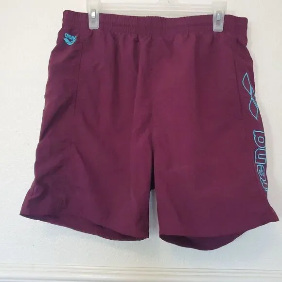 Arena Mens Swim Trunks Maroon Burgundy Blue Logo Elastic Waist Pockets Size M