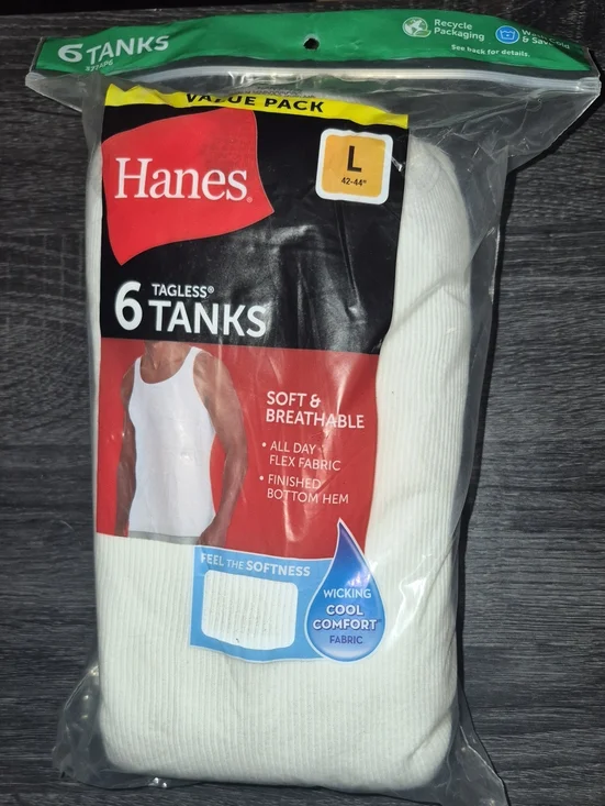 Hanes Men's White Tagless Ribbed Tank Tops - 6 Pack