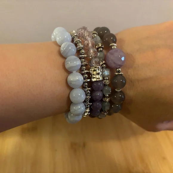 Handmade Gemstone Bracelet Stack Set of 5 NWT Chalcedony Amethyst Agate
