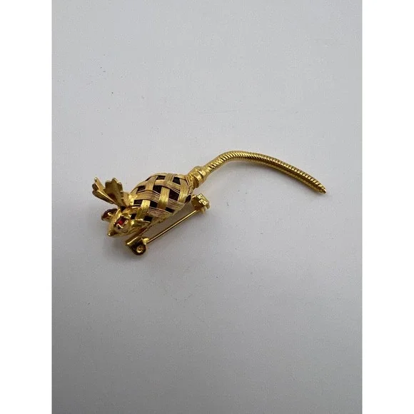 Vintage Gold‎ Mouse Wire Wrapped Red Glass Brooch Pin