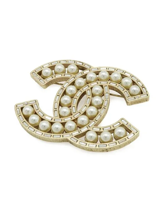 Chanel CC Logo Jumbo CC Brooch Faux Pearl Bijou Rhinestone Gold Plated