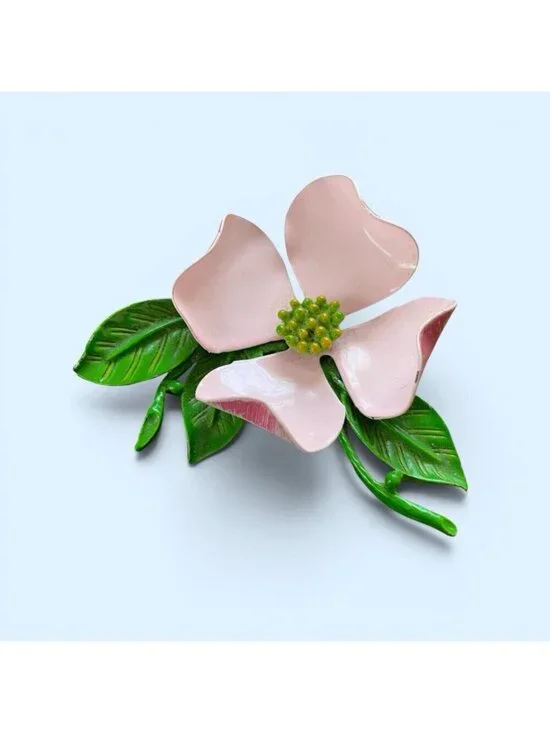 Vintage 1960s Enamel Dogwood Flower Brooch Pink Green Floral Pin Large 2.5