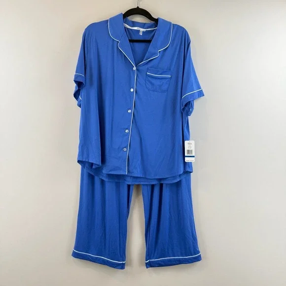 Flora Pajama Set Womens XL Sapphire Blue Relaxed Classic Button Down Sleepwear
