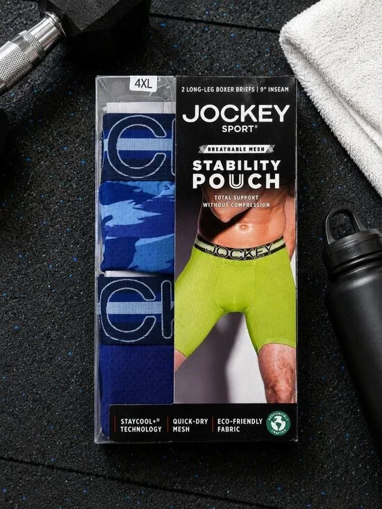 Jockey Sport Mens 4XL Long-Leg Boxer Briefs 2-Pack w Stability Pouch 9