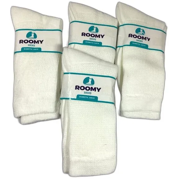 Mens White Crew Diabetic Socks Size 6-8 Lot of 4 Pairs Stretch USA New Roomy