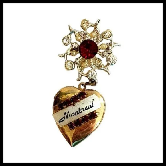 Vintage Montreal‎ Canada Jewelry Brooch Heart Locket Pin Brooch Red Clear Dangle