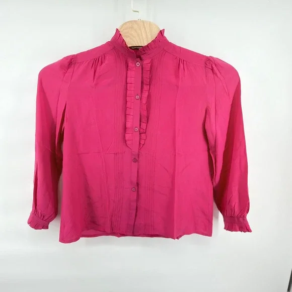 Vintage Shanghai Silk Blouse Ruffle High‎ Neck Pleated Button Front Pink Size 40