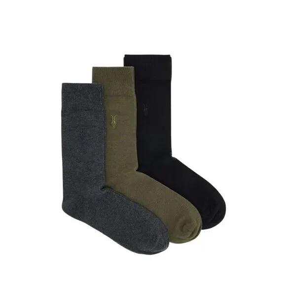 AllSaints Adan Ramskull 3-Pack Crew Socks Men’s 7–13, Cotton Stretch,Green Gray