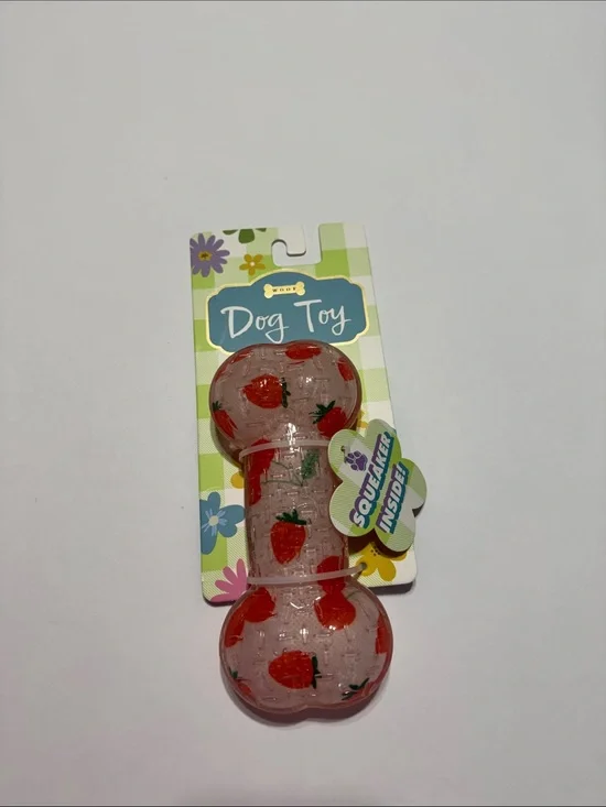 Strawberry Print Squeaky Bone Dog Toy - Pink
